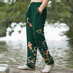 Buddha Stones Cotton Koi Fish Ripple Pattern Men's Tapered Pants With Pockets