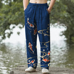 Buddha Stones Cotton Koi Fish Ripple Pattern Men's Tapered Pants With Pockets