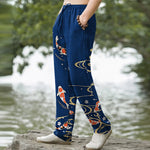 Buddha Stones Cotton Koi Fish Ripple Pattern Men's Tapered Pants With Pockets