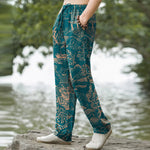 Buddha Stones Cotton Oriental Landscape Pattern Men's Tapered Pants With Pockets
