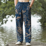 Buddha Stones Cotton Oriental Landscape Pattern Men's Tapered Pants With Pockets