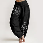 Buddha Stones Pure Cotton Lotus Moon Phase Pattern Women's Elastic Waist Harem Pants