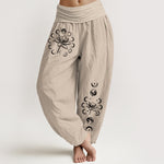 Buddha Stones Pure Cotton Lotus Moon Phase Pattern Women's Elastic Waist Harem Pants