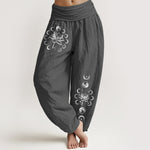 Buddha Stones Pure Cotton Lotus Moon Phase Pattern Women's Elastic Waist Harem Pants