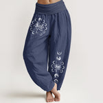 Buddha Stones Pure Cotton Lotus Moon Phase Pattern Women's Elastic Waist Harem Pants