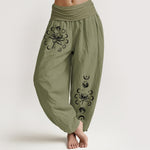 Buddha Stones Pure Cotton Lotus Moon Phase Pattern Women's Elastic Waist Harem Pants