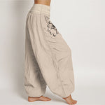 Buddha Stones Pure Cotton Lotus Moon Phase Pattern Women's Elastic Waist Harem Pants