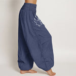 Buddha Stones Pure Cotton Lotus Moon Phase Pattern Women's Elastic Waist Harem Pants