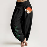 Buddha Stones Pure Cotton Sun Crane Bamboo Pattern Women's Elastic Waist Harem Pants