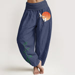Buddha Stones Pure Cotton Sun Crane Bamboo Pattern Women's Elastic Waist Harem Pants