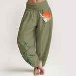Buddha Stones Pure Cotton Sun Crane Bamboo Pattern Women's Elastic Waist Harem Pants
