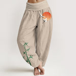 Buddha Stones Pure Cotton Sun Crane Bamboo Pattern Women's Elastic Waist Harem Pants