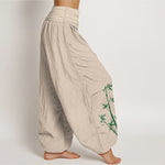 Buddha Stones Pure Cotton Sun Crane Bamboo Pattern Women's Elastic Waist Harem Pants