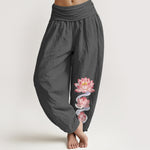 Buddha Stones Pure Cotton Pink Lotus Pattern Women's Elastic Waist Harem Pants