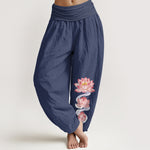 Buddha Stones Pure Cotton Pink Lotus Pattern Women's Elastic Waist Harem Pants