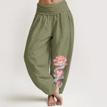 Buddha Stones Pure Cotton Pink Lotus Pattern Women's Elastic Waist Harem Pants