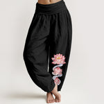 Buddha Stones Pure Cotton Pink Lotus Pattern Women's Elastic Waist Harem Pants