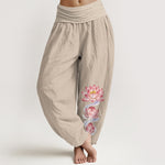 Buddha Stones Pure Cotton Pink Lotus Pattern Women's Elastic Waist Harem Pants