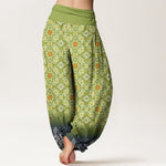 Buddha Stones Cotton Bohemian Floral Geometric Pattern Women's Elastic Waist Harem Pants