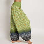 Buddha Stones Cotton Bohemian Floral Geometric Pattern Women's Elastic Waist Harem Pants
