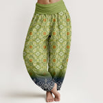 Buddha Stones Cotton Bohemian Floral Geometric Pattern Women's Elastic Waist Harem Pants
