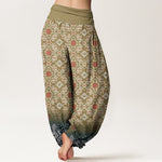 Buddha Stones Cotton Bohemian Floral Geometric Pattern Women's Elastic Waist Harem Pants