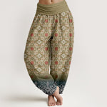 Buddha Stones Cotton Bohemian Floral Geometric Pattern Women's Elastic Waist Harem Pants