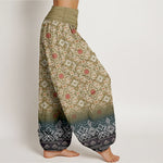 Buddha Stones Cotton Bohemian Floral Geometric Pattern Women's Elastic Waist Harem Pants