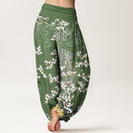 Buddha Stones Pure Cotton White Floral Vine Auspicious Cloud Pattern Women's Elastic Waist Harem Pants