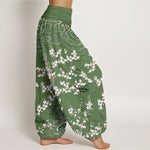 Buddha Stones Pure Cotton White Floral Vine Auspicious Cloud Pattern Women's Elastic Waist Harem Pants