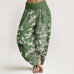 Buddha Stones Pure Cotton White Floral Vine Auspicious Cloud Pattern Women's Elastic Waist Harem Pants