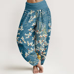 Buddha Stones Pure Cotton White Floral Vine Auspicious Cloud Pattern Women's Elastic Waist Harem Pants