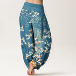 Buddha Stones Pure Cotton White Floral Vine Auspicious Cloud Pattern Women's Elastic Waist Harem Pants