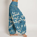 Buddha Stones Pure Cotton White Floral Vine Auspicious Cloud Pattern Women's Elastic Waist Harem Pants