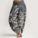 Buddha Stones Pure Cotton White Floral Vine Auspicious Cloud Pattern Women's Elastic Waist Harem Pants