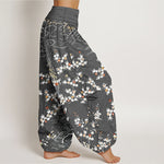 Buddha Stones Pure Cotton White Floral Vine Auspicious Cloud Pattern Women's Elastic Waist Harem Pants