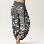 Buddha Stones Pure Cotton White Floral Vine Auspicious Cloud Pattern Women's Elastic Waist Harem Pants