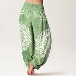Buddha Stones Pure Cotton White Mandala Floral Pattern Women's Elastic Waist Harem Pants