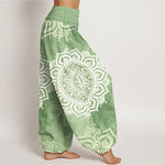 Buddha Stones Pure Cotton White Mandala Floral Pattern Women's Elastic Waist Harem Pants