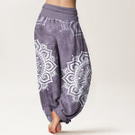 Buddha Stones Pure Cotton White Mandala Floral Pattern Women's Elastic Waist Harem Pants