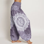 Buddha Stones Pure Cotton White Mandala Floral Pattern Women's Elastic Waist Harem Pants