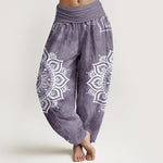 Buddha Stones Pure Cotton White Mandala Floral Pattern Women's Elastic Waist Harem Pants