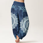 Buddha Stones Pure Cotton White Mandala Floral Pattern Women's Elastic Waist Harem Pants