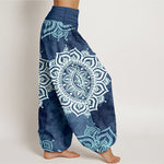 Buddha Stones Pure Cotton White Mandala Floral Pattern Women's Elastic Waist Harem Pants