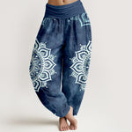 Buddha Stones Pure Cotton White Mandala Floral Pattern Women's Elastic Waist Harem Pants
