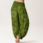 Buddha Stones Cotton Gold Sunflower Line Art Pattern Women's Elastic Waist Harem Pants