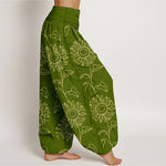Buddha Stones Cotton Gold Sunflower Line Art Pattern Women's Elastic Waist Harem Pants