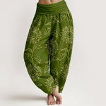 Buddha Stones Cotton Gold Sunflower Line Art Pattern Women's Elastic Waist Harem Pants
