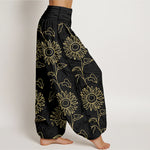 Buddha Stones Cotton Gold Sunflower Line Art Pattern Women's Elastic Waist Harem Pants