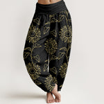Buddha Stones Cotton Gold Sunflower Line Art Pattern Women's Elastic Waist Harem Pants